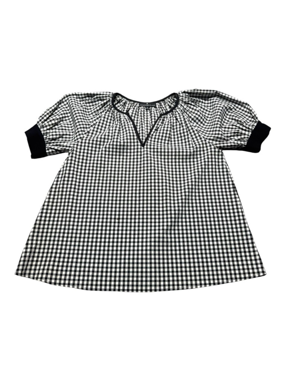 Pomander Place Black and White Gingham Puff Sleeve Blouse
